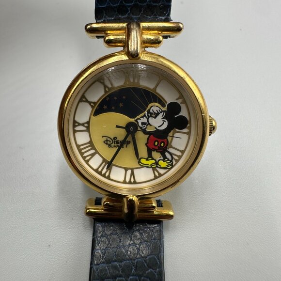 Disney Mickey Mouse Moon Phase Watch Women Gold Tone Blue Thin Band New Battery